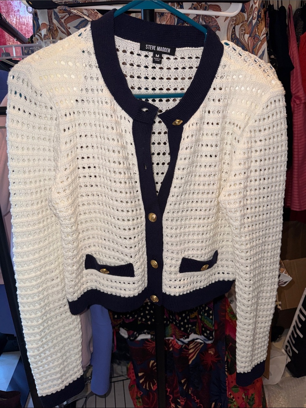 Steve Madden Cream Open-Weave Cardigan with Navy Trim and Gold Buttons